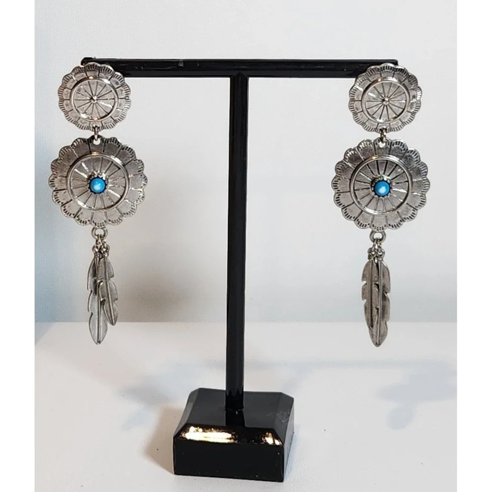 Silver Dangle‎ Earrings with Post Back and Blue Center